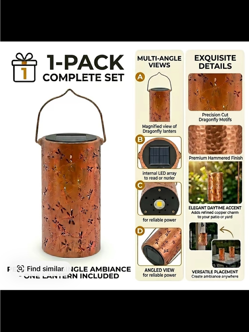 Copper Finish Solar Lantern with Dragonfly Cutouts - Picture 2 of 4